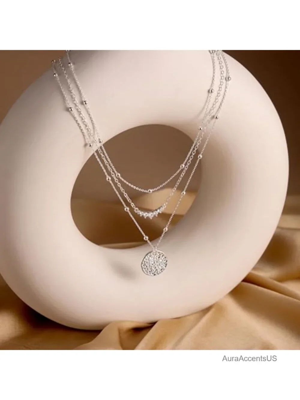 Stackable Layered Silver Plated Necklace Set with CZ Pendant